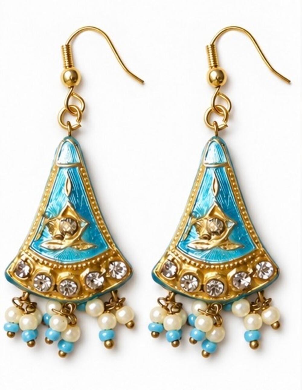 Blue Meenakari India Earrings Rhinestone Faux Pearl Bead Fringe